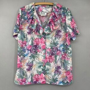 Teddi of California Floral Ruffle Blouse Womens 16 Vintage 70s 80s Pink Tropical